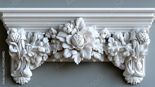 White ornate floral shelf mantel.