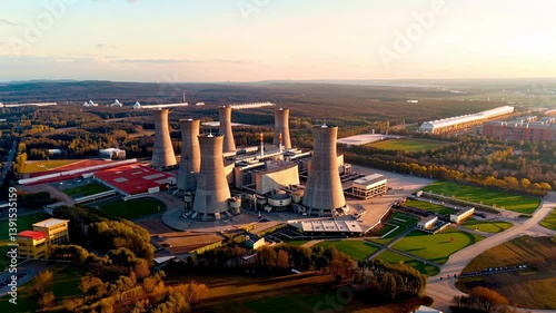 A massive nuclear power plant captured from a drone at an aerial distance, showcasing its towering cooling towers, complex infrastructure, and