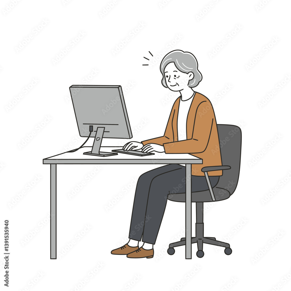 Senior woman actively using desktop computer at desk illustration Senior woman actively using desktop computer at desk illustration