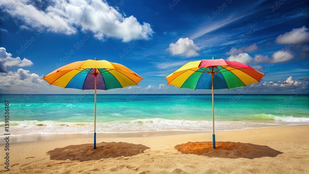 Serene Beach Scene: Two Tall Umbrellas Swaying in Gentle Ocean Breeze Serene Beach Scene: Two Tall Umbrellas Swaying in Gentle Ocean Breeze