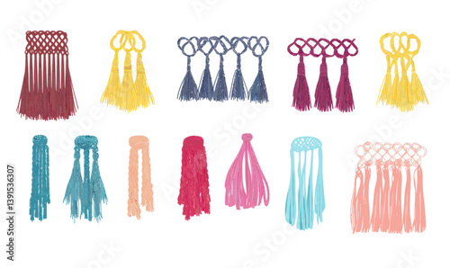 Colorful Tassel Vector Set for Fabric Decoration with Braided Cord Detailing