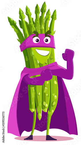 Cheerful Asparagus Vegetable Superhero Character in Violet Cape and Mask Vector Art