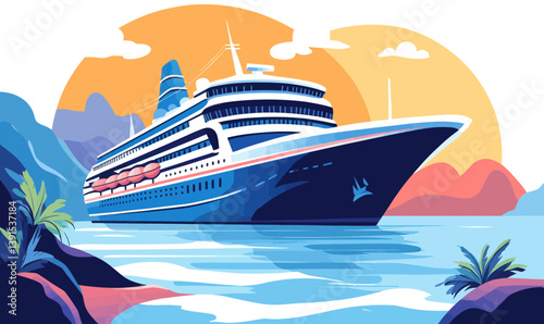 Minimalist Vector Illustration of Cruise Ship at Sea with Scenic Sunset Background