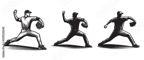 Set of Baseball Player throwing ball Silhouettes Vector Illustrations isolated on a white background