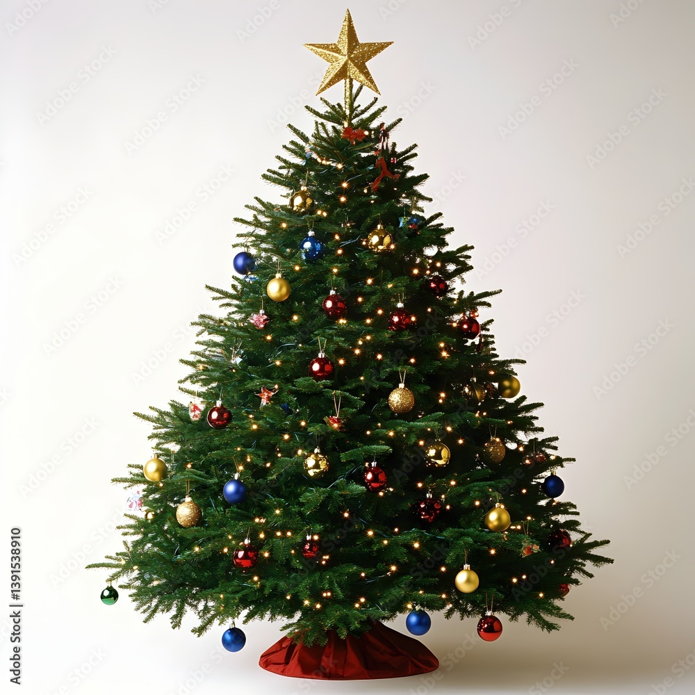 Decorated christmas tree with star on top and ornaments on it Decorated christmas tree with star on top and ornaments on it