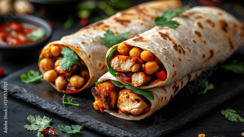 Delicious Indian traditional fare with chicken, roti, and sambar on a dark background