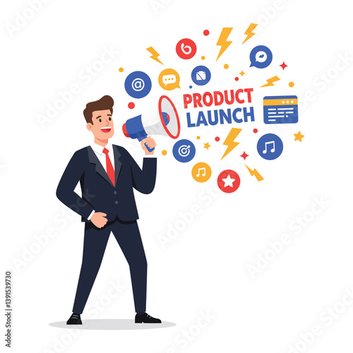 Businessman announcing product launch with megaphone illustration