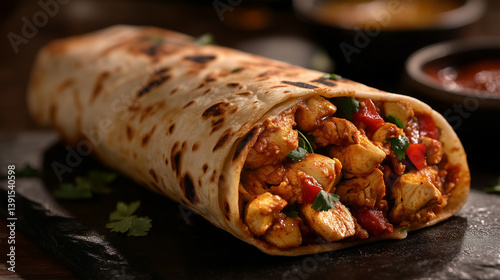 Delicious Indian traditional fare with chicken, roti, and sambar on a dark background
