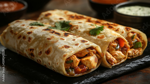 Delicious Indian traditional fare with chicken, roti, and sambar on a dark background