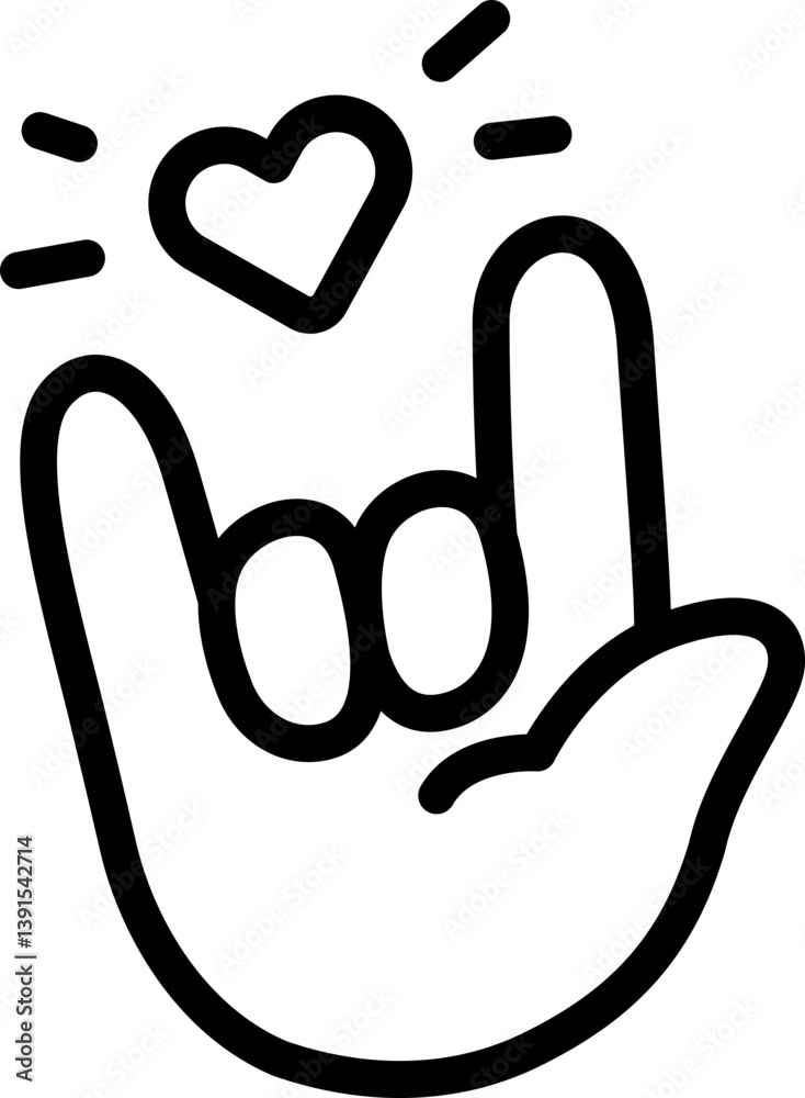 Fototapeta premium Love hand sign, Heart, I love you Cute Cartoon Hand Logo Icons Outline Black color, Chubby finger emoji sticker sign symbol, editable stroke. 