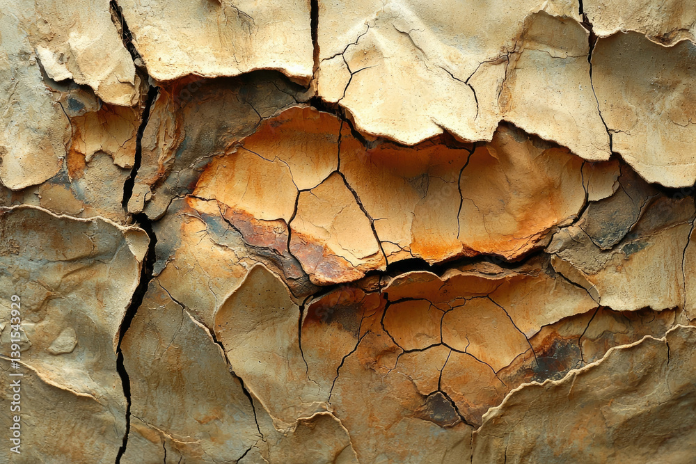 Fototapeta premium Close-up of cracked, textured earth, showing beige, brown, and rust tones.