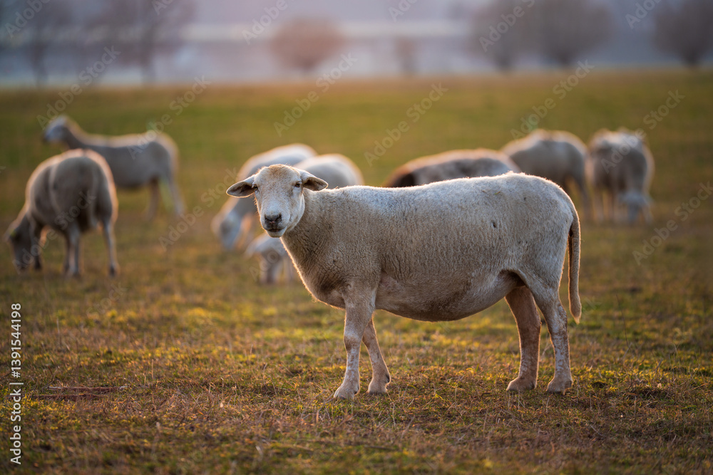 Obraz premium Cute pregnant sheep grazing in pasture at sunset. Symbol animal husbandry, farming and organic agriculture.