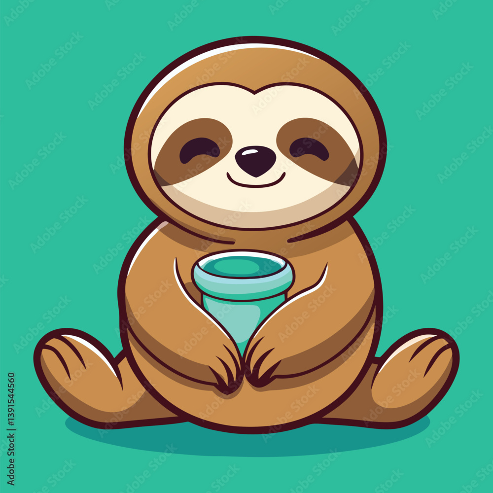 Obraz premium Adorable Sloth Cartoon Character Holding A Cup For Microstock Platforms