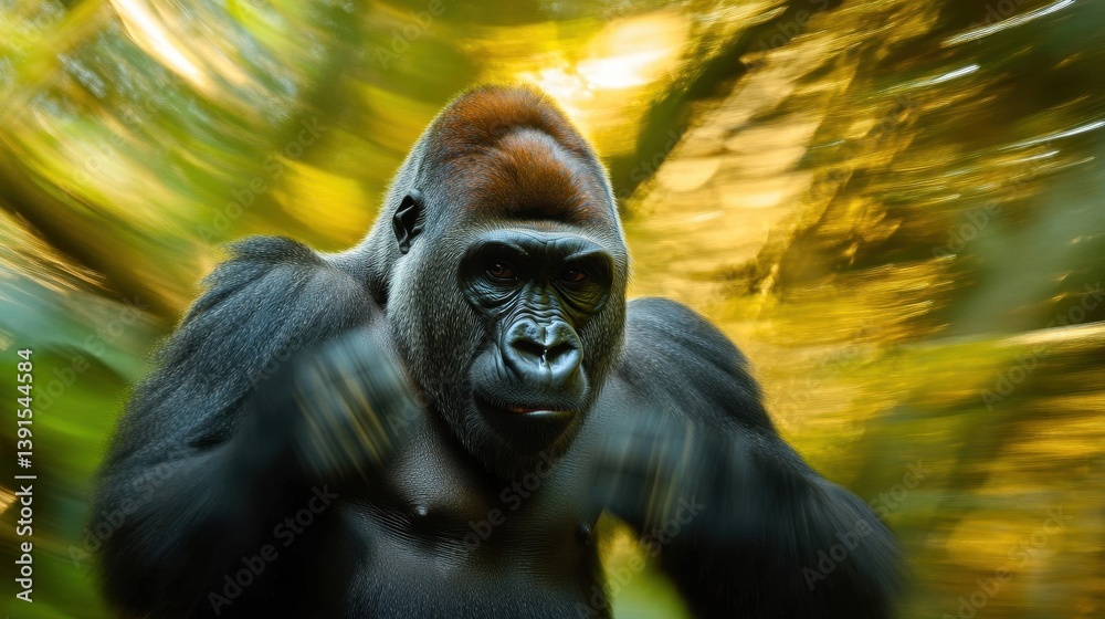 Fototapeta premium A powerful gorilla looking directly into the camera in motion