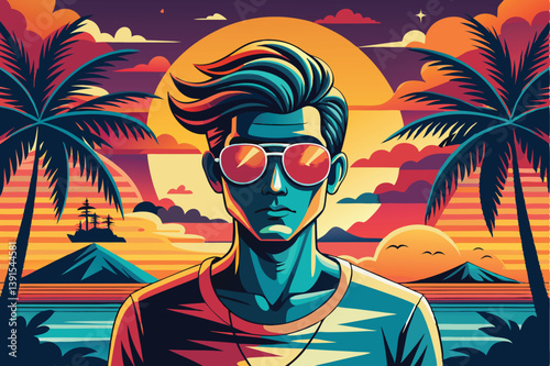 Cyan Retro Man with Sunglasses, Palm Trees, Sunset, and Vivid Colors, Modern Art