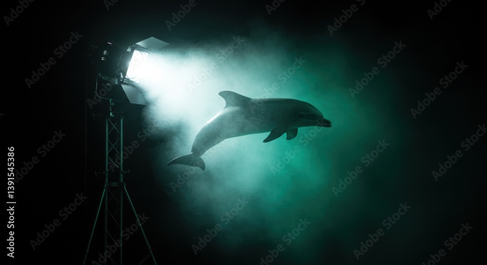 Fototapeta premium Dolphin gracefully leaping through illuminated mist under a spotlight, creating a magical atmosphere - dolphin fish image