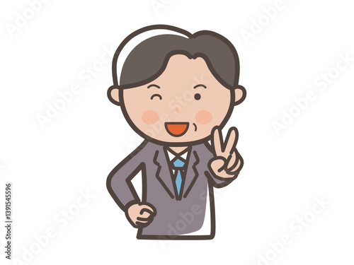 ピースをしてウインクする中年の男性ビジネスマンの上半身イラスト