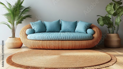 Wicker sofa with blue cushions in a minimalist room.