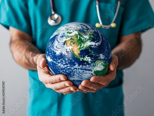 A male clinician holding the Earth gently, symbolizing care and unity, World Health Day.