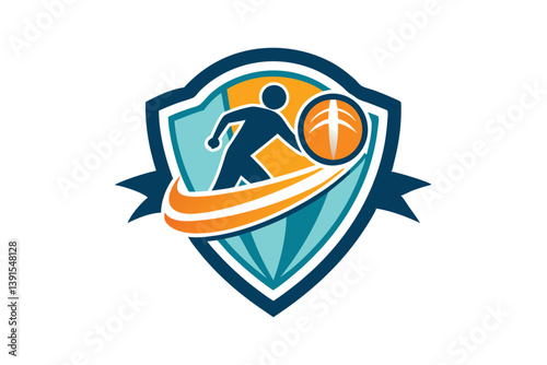 Abstract Emblem with Running Figure Silhouette, Ribbon, Shield and Eye Motif Design