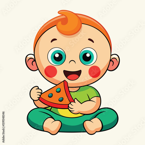 Cute Baby Cartoon Eating Pizza Slice Vector Illustration Adorable Toddler Character Design