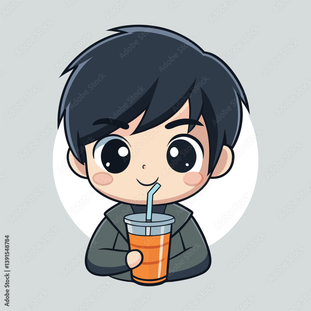 Cute Cartoon Boy Enjoys Orange Juice Holding The Drink With Straw Refreshment Illustration Cute Cartoon Boy Enjoys Orange Juice Holding The Drink With Straw Refreshment Illustration