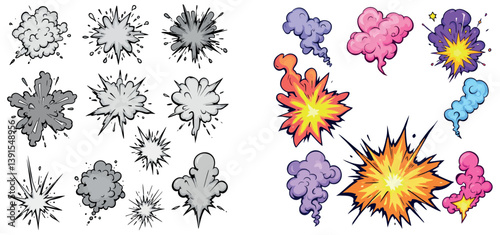Vsai colorful and monochrome cartoon explosions and clouds set for comic books