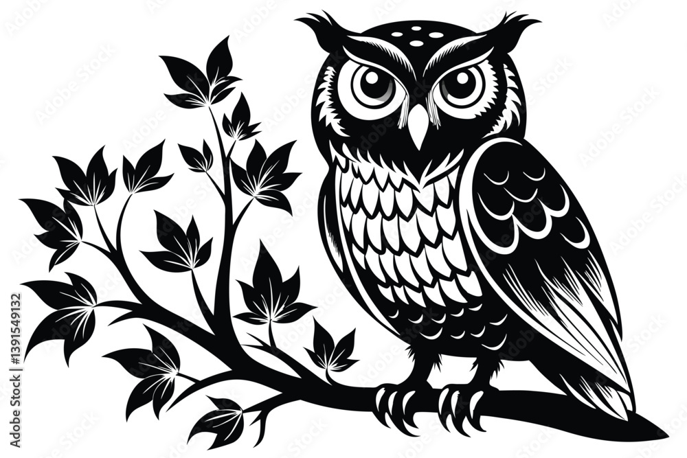 Obraz premium Detailed Black & White Owl Perched on Branch with Leaves, Isolated Art