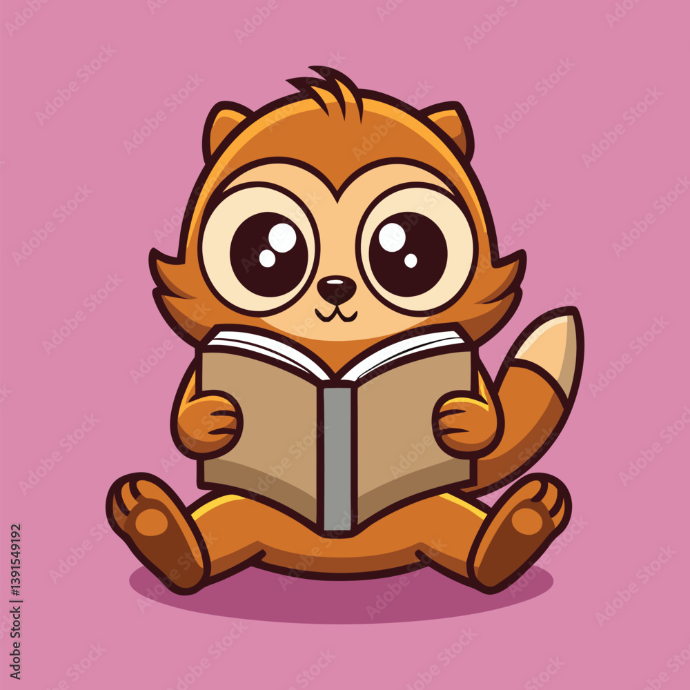 Fototapeta premium Cute Cartoon Fox Reading Book Isolated On Pastel Background Digital Illustration Vector