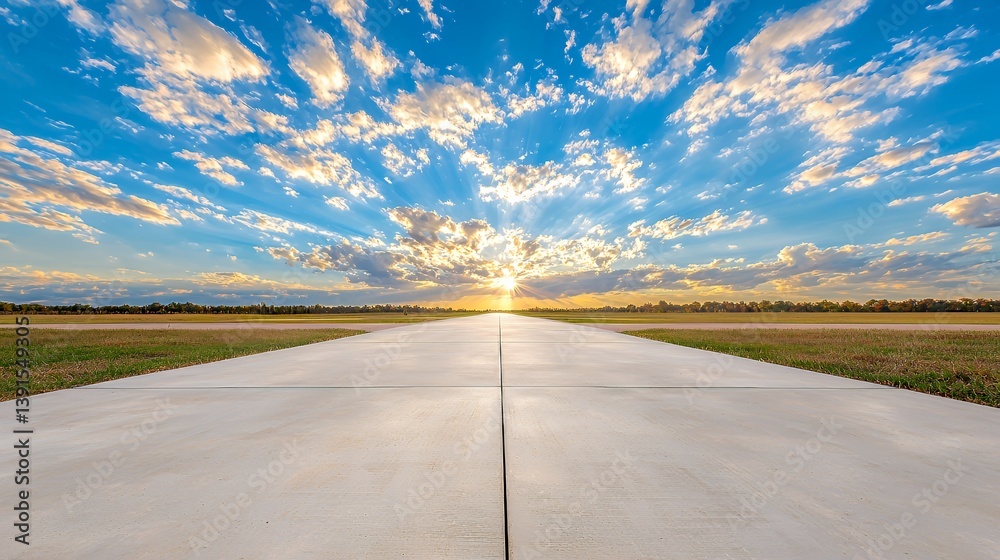 Fototapeta premium Empty runway at sunset with dramatic sky