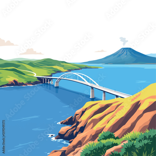 Vsai long arch bridge connecting two coasts near smoking volcano