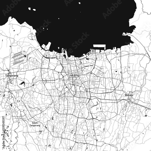 Jakarta, Indonesia vector map with beach, highways and streets