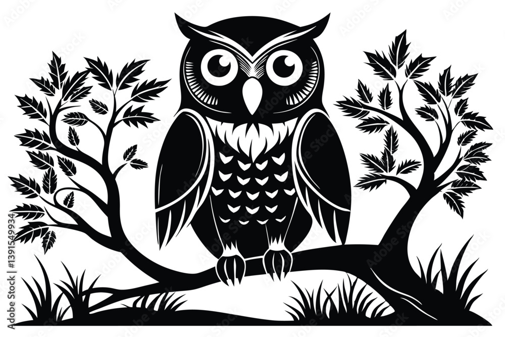 Fototapeta premium Owl Silhouette Sitting on a Tree Branch, Isolated Black and White Design, Detailed Bird