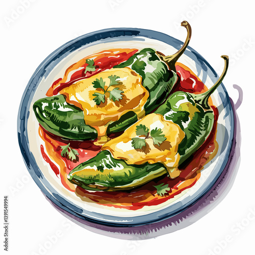 Watercolor Chile Rellenos with Cheese and Cilantro