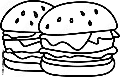 Coloring Page Outline of Cartoon Hamburger. Fast Food. Coloring Book for Kids.