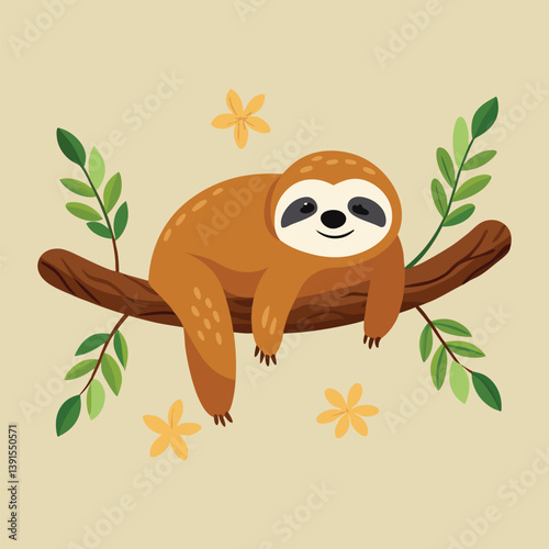 Cute Cartoon Sloth Hanging On A Branch With Flowers Illustration Vector