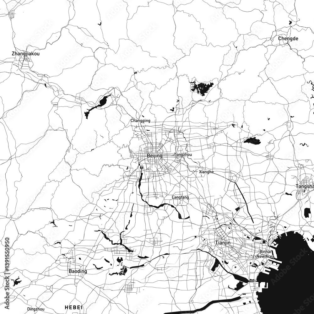 Fototapeta premium Beijing, Tiongkok vector map with beach, highways and streets