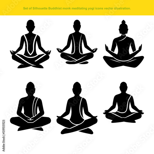 Yoga icons depict a meditating woman in lotus pose, illustrating relaxation and zen for health and fitness.