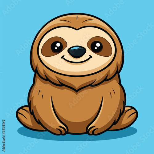 Cute Cartoon Sloth Sitting Isolated On Blue Background Vector Illustration