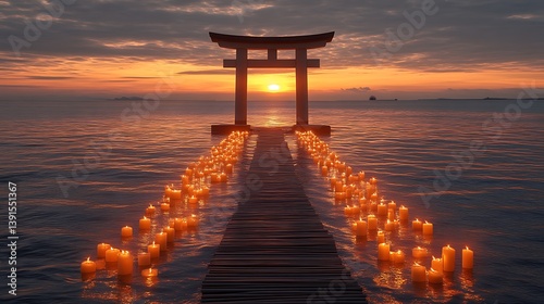 Sunset torii gate with candlelit pathway.