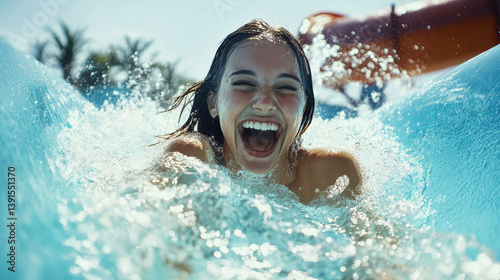 Joyful summer adventure at a water park with a happy woman enjoying the thrilling water slide experience