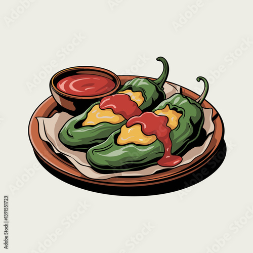 Chile Rellenos with Cheese and Red Sauce Illustration