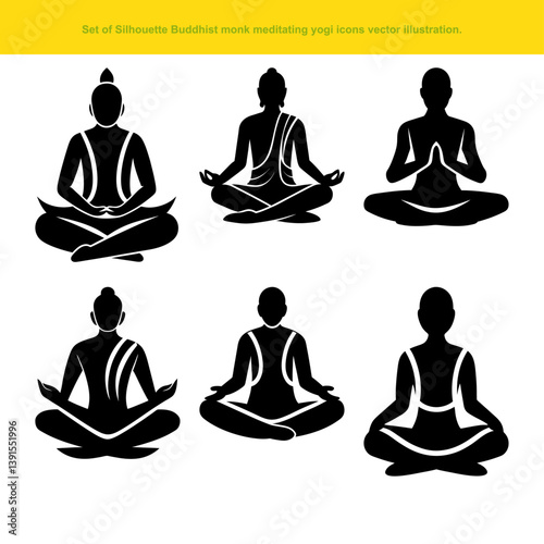 Silhouette of a woman in lotus position meditating with yoga icons promoting zen relaxation for body health.