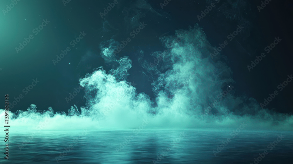 Fototapeta premium Mysterious foggy atmosphere over calm water with glowing teal light