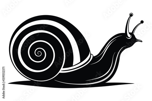 Monochrome Snail Illustration, Stylized Shell, Curled Body, Antennae, Black and White Design
