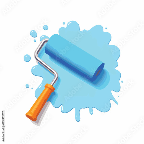 Bright blue paint roller with splatters, creativity and simplicity