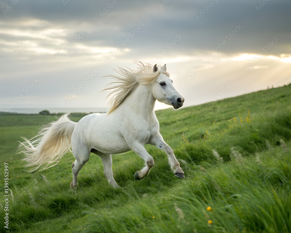 White horses running in the field. White horses running in the field.