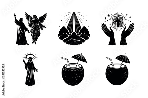 Black and white religious and tropical icons set