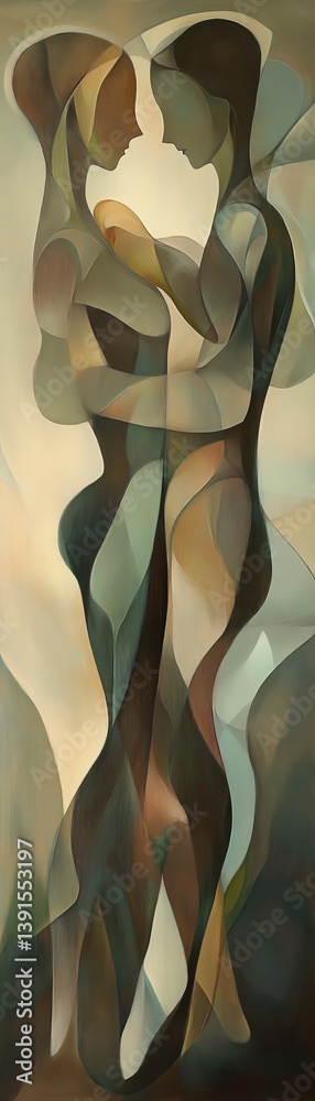 Obraz premium Abstract painting of two figures embracing, conveying intimacy and connection through fluid forms and muted earth tones.