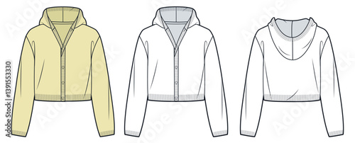 Cropped Hoodie Cardigan Technical Fashion Illustration. Cropped Sweater fashion flat technical drawing template, buttons, front and back view, white, pastel yellow, women, men, unisex CAD mockup set.